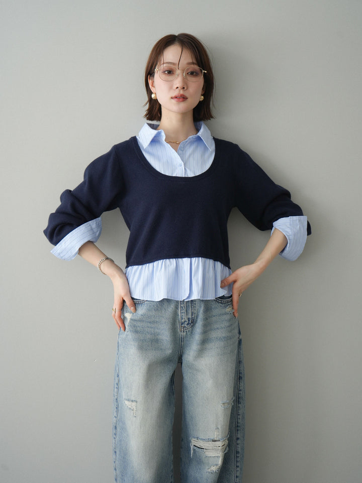 [予約]ストライプシャツUネックドッキングニットプルオーバー/navybluestripeB