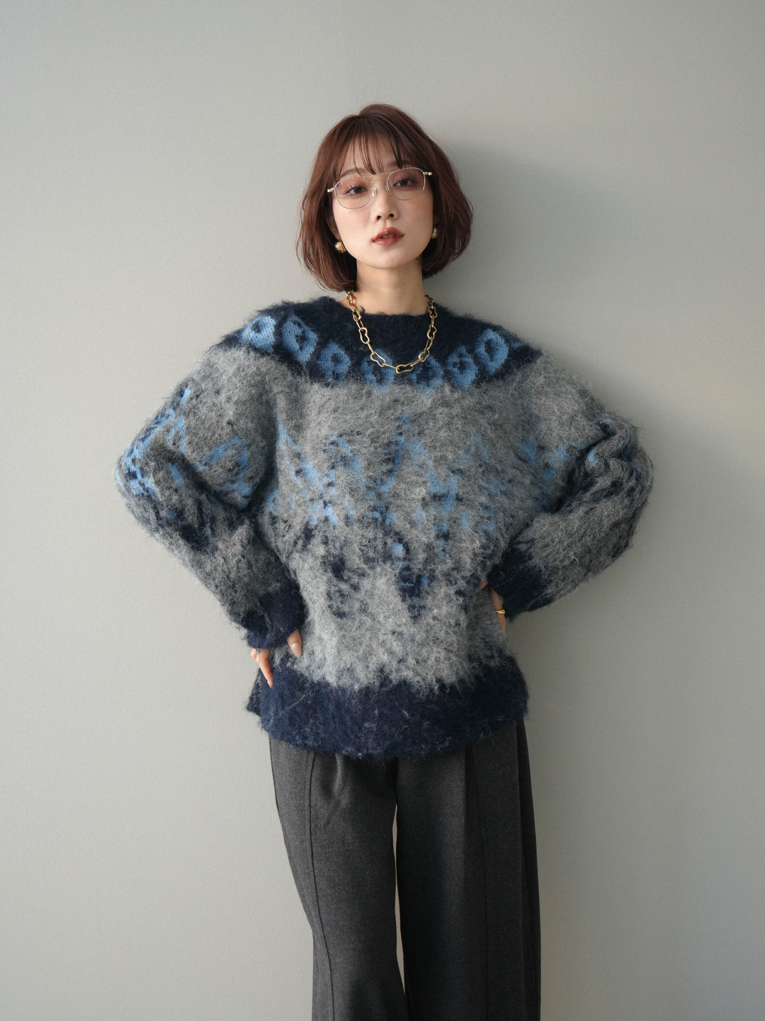 [SET]シャギーニュアンス柄ニットプルオーバー+ベルト付起毛コクーンパンツ(2set)