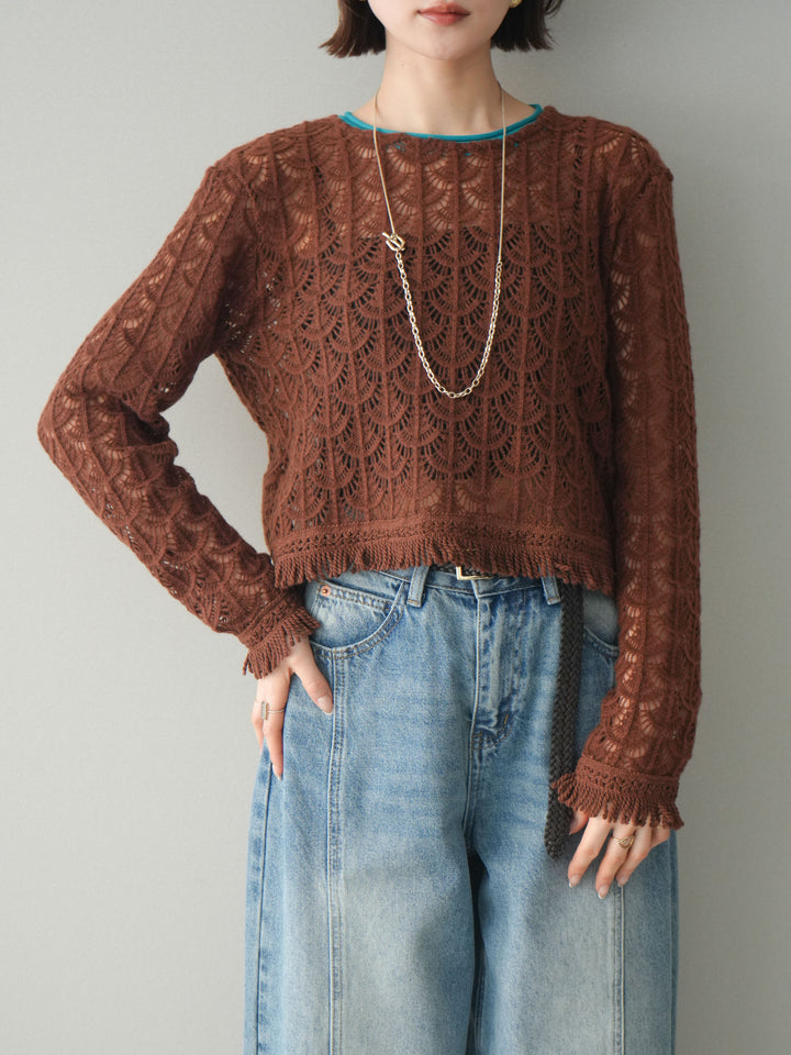 [予約]扇透かし編みクロップドニットプルオーバー/brown