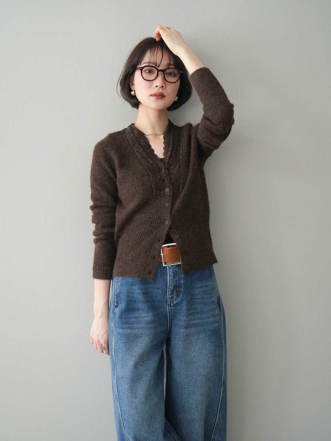 [SET]レースネックコンパクトニットカーディガン+選べるアクセセット(2set)