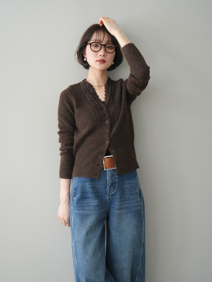 [SET]レースネックコンパクトニットカーディガン+選べるアクセセット(2set)
