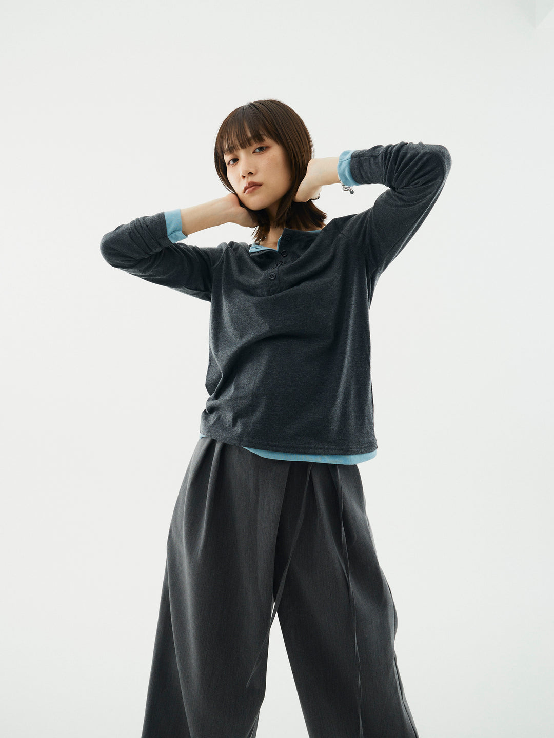 【Allure】[SET]配色レイヤードヘンリーネックトップス+配色レイヤードヘンリーネックトップス(2set)