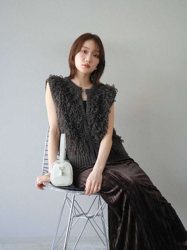 [SET]レザー襟オンブレチェックオーバーシャツ +ループデザインホックベスト +クラッシュベロアナロースカート(3set)