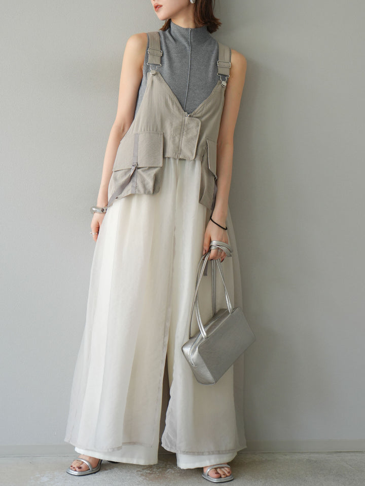 [SET] 戰術背心歐根紗洋裝 + 麻質寬鬆寬褲 (2 件套)
