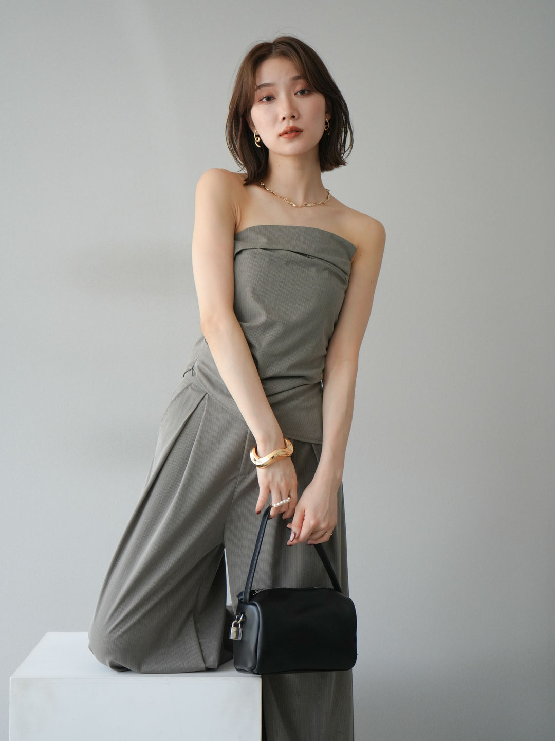 [SET] 條紋褶襉露肩上衣＆寬褲 SET UP (2set)