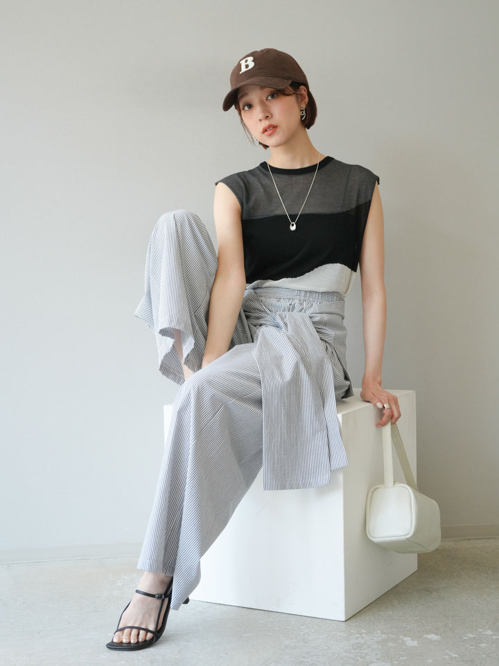 [SET] 雙色透視針織無袖上衣 + 條紋束腰休閒褲 (2set)