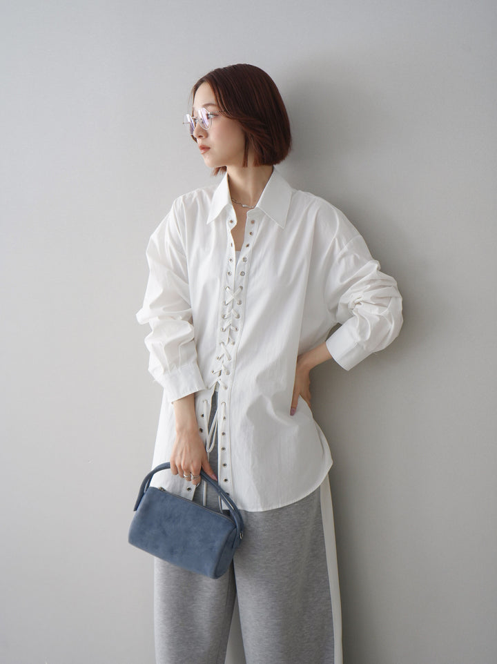 [SET]レースアップブロードシャツ+バイカラー異素材サイドラインライトポンチパンツ(2set)