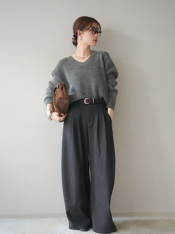 [予約]アニマル柄ベルト付きウールタッチワイドパンツ/charcoal