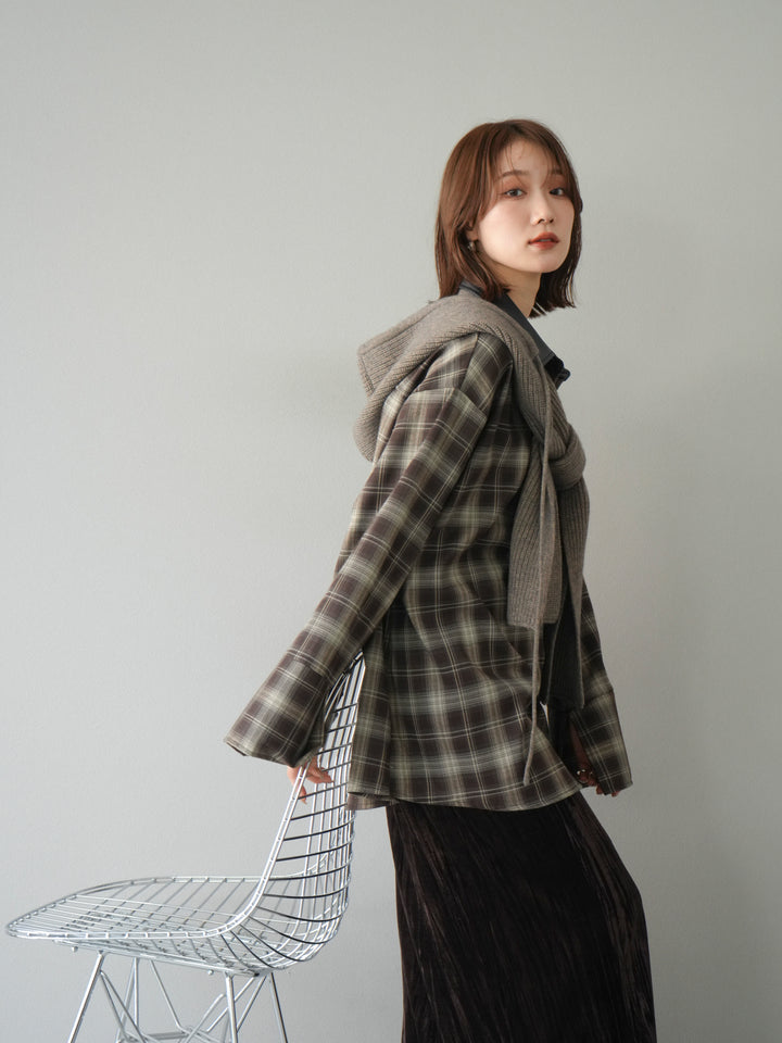 [SET]レザー襟オンブレチェックオーバーシャツ +クラッシュベロアナロースカート(2set)