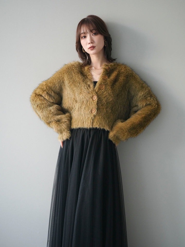 [予約]ミックスシャギーショートニットカーディガン/green