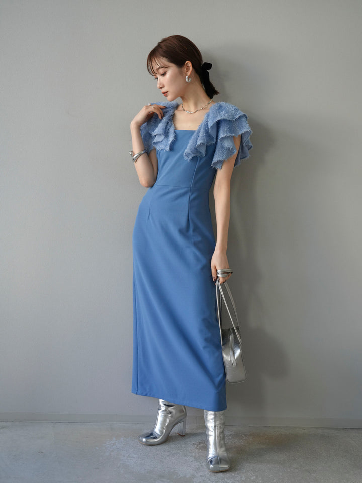 [予約]ジャガードフレアスリーブドレス/ブルー