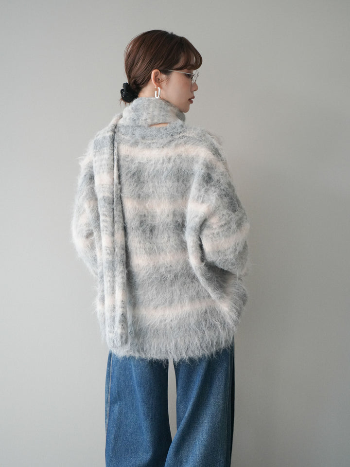 [予約]ストール付シャギーマルチボーダーニットプルオーバー/gray