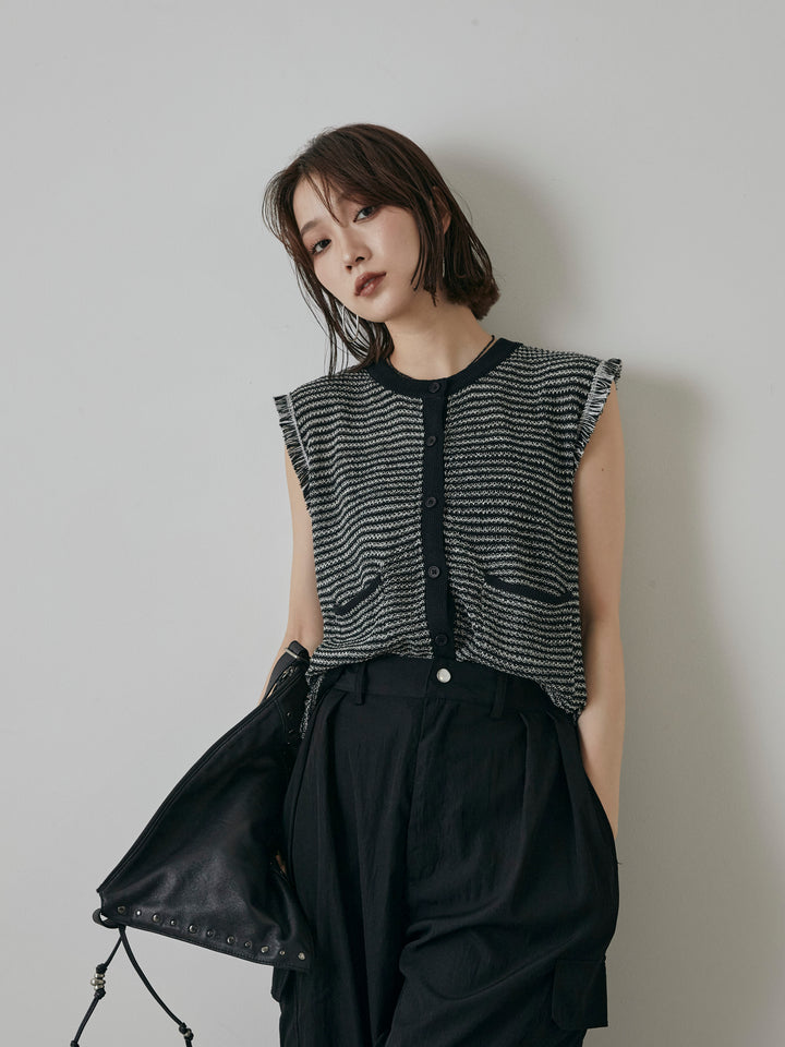 [予約]ボーダー袖フリンジニットベスト/ブラック