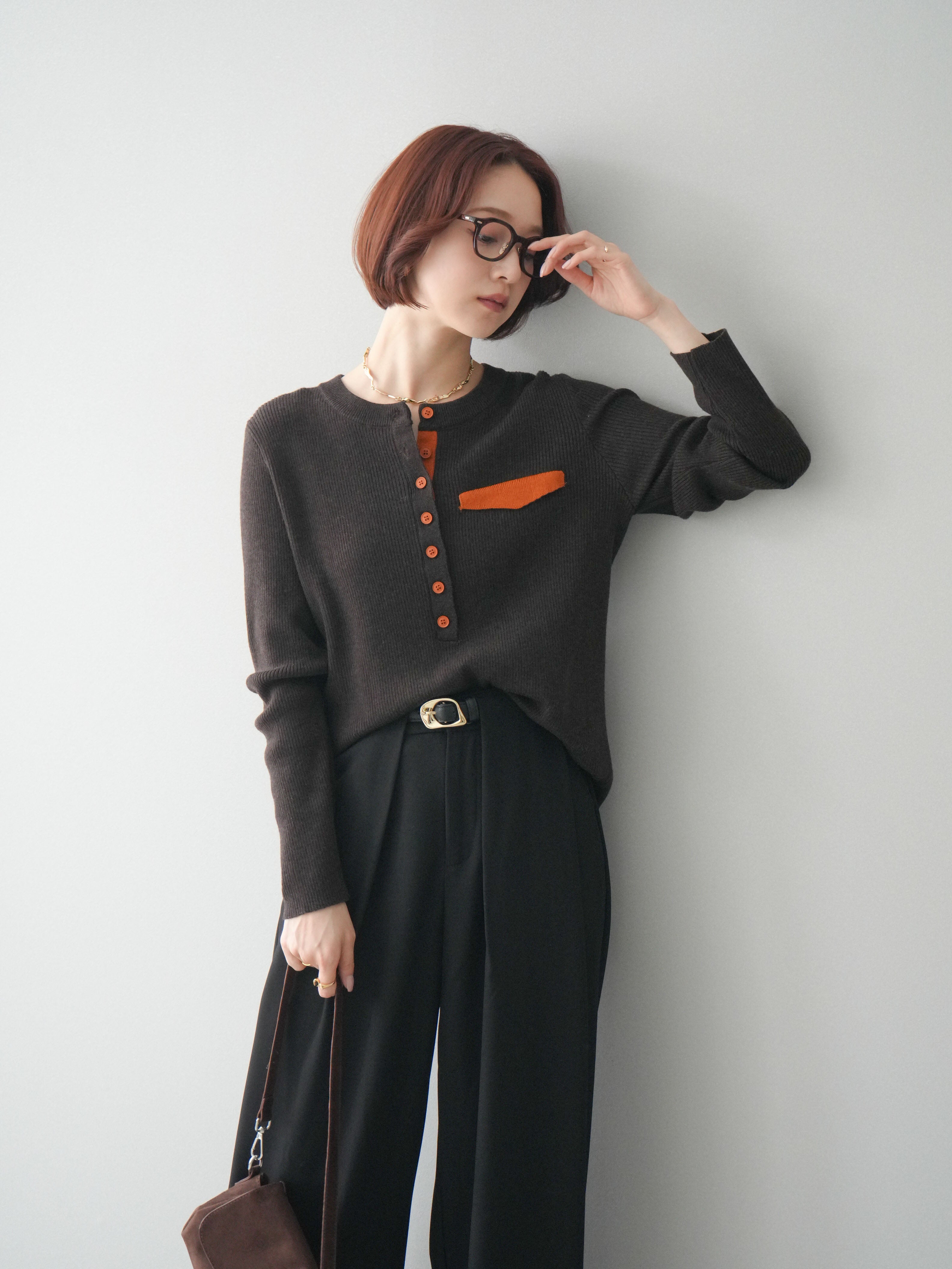 Lumier ベルトループデザインワイドパンツ SET]配色ステッチアーガイル