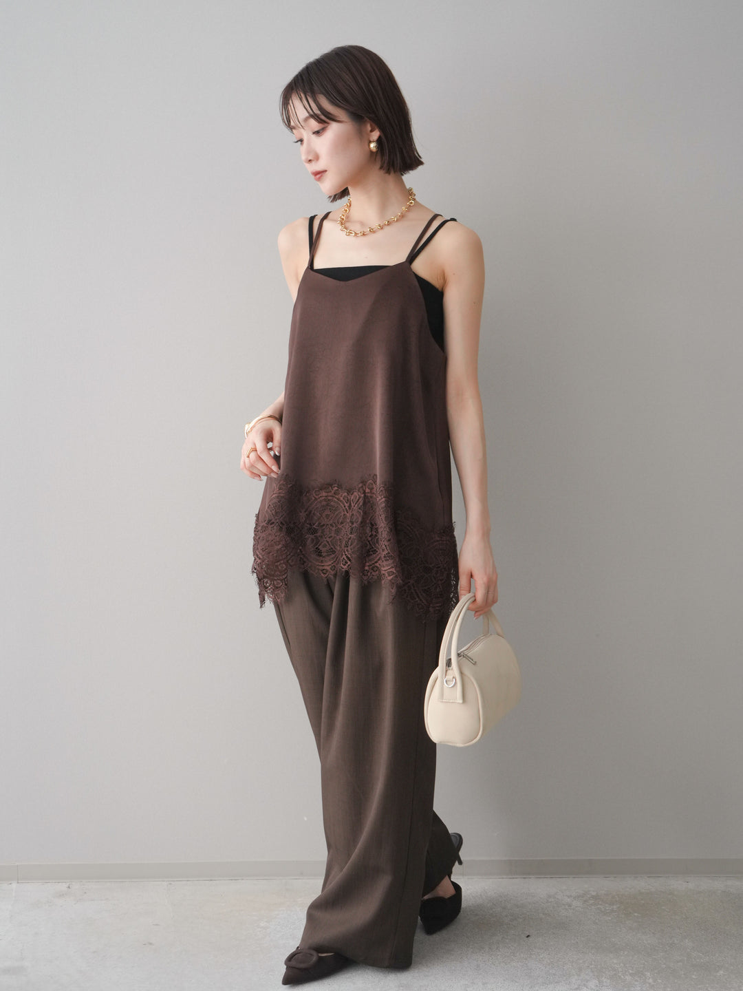 [予約]異素材ドッキングメニータックワイドパンツ/brown
