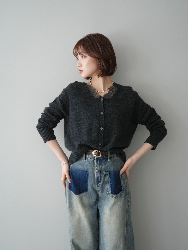 [SET]レースネックニットカーディガン+染めデザインポケットデニムパンツ(2set)