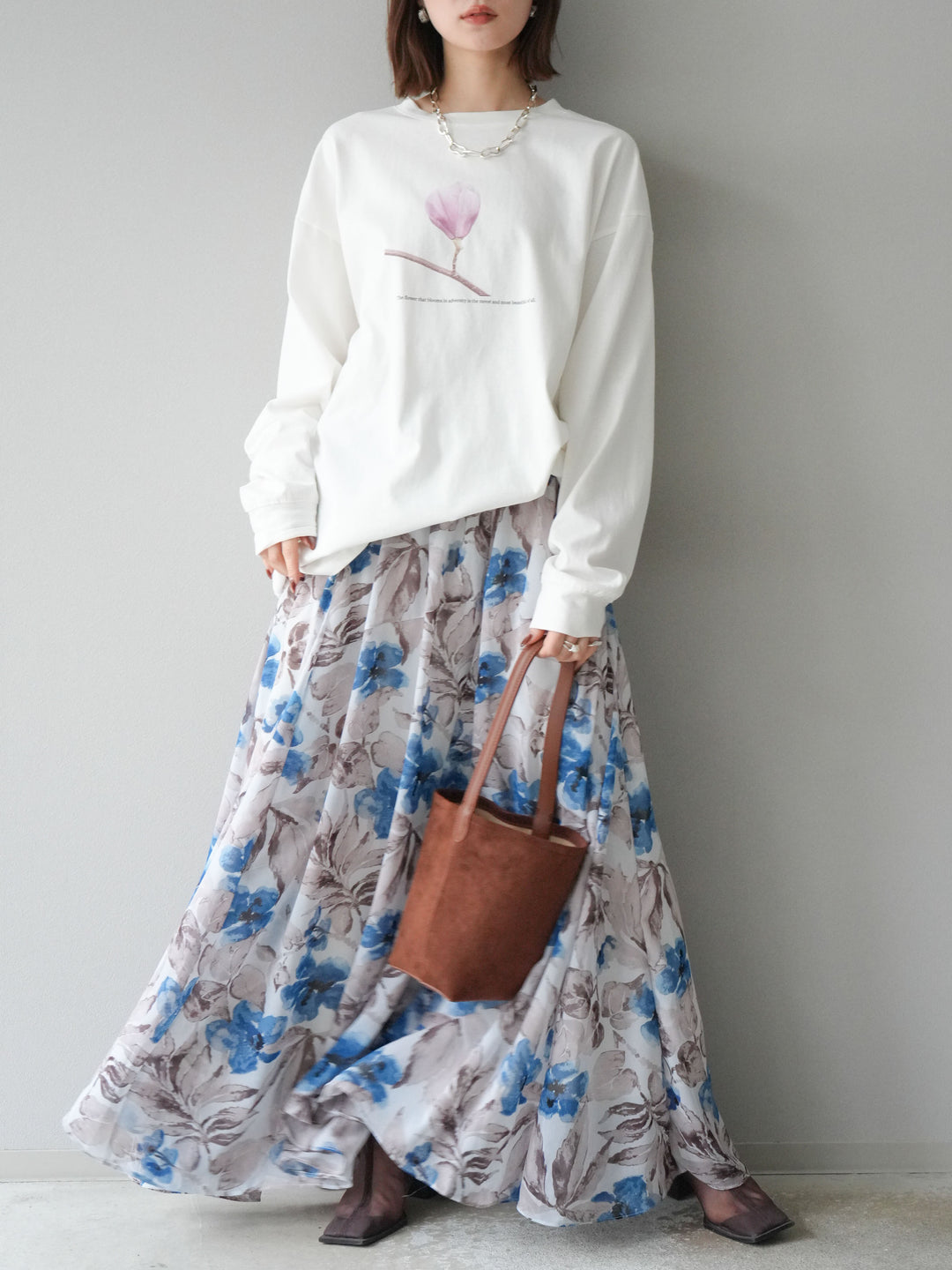 [予約]フラワープリントボリュームフレアスカート/ブルー