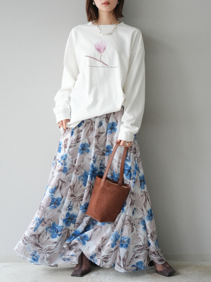 [予約]フラワープリントボリュームフレアスカート/ブルー