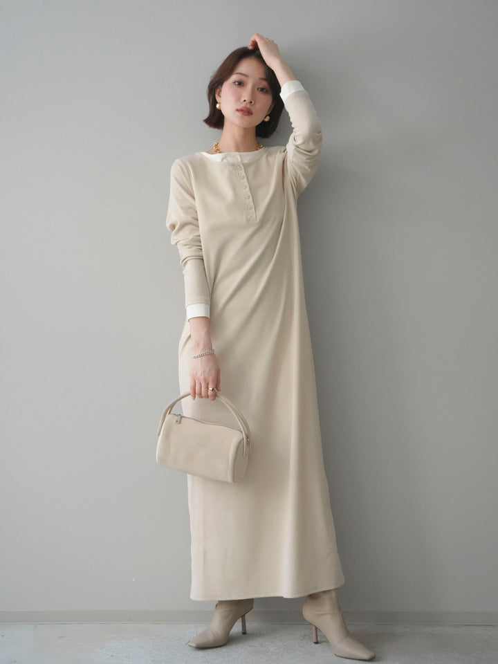 [SET]配色レイヤードヘンリーネックカットリブワンピース+選べるアクセセット(2set)