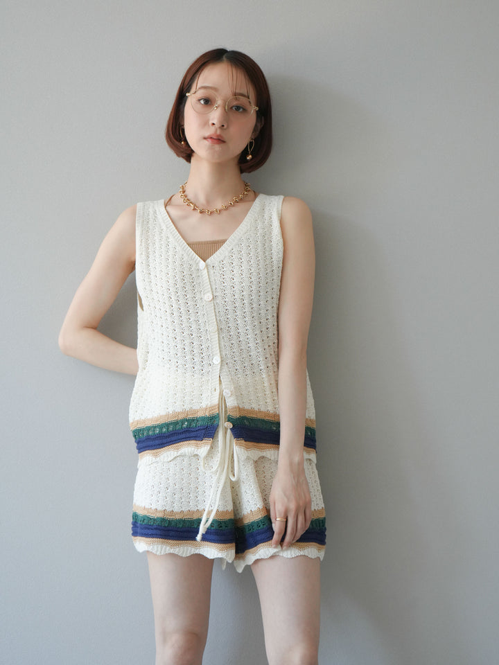 [SET]裾マルチボーダーニットベスト＆ショートパンツ SET UP(2set)