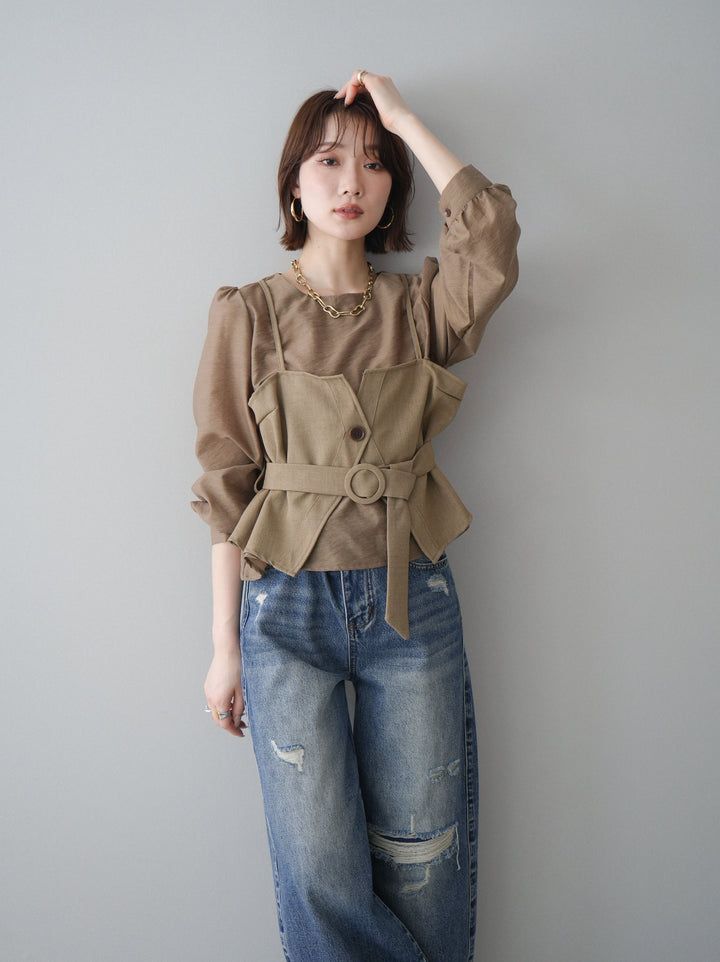 [SET]異素材ビスチェドッキングブラウス+ダメージデニムセミワイドパンツ(2set)