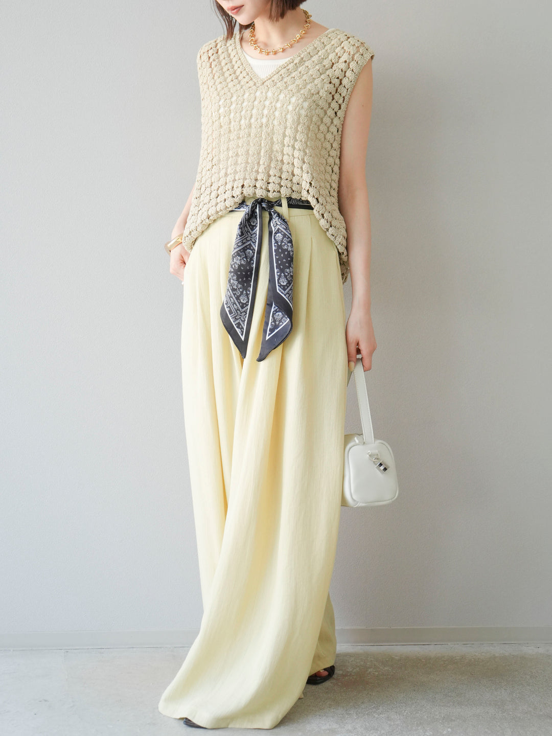 [予約]スカーフベルト付3タックワイドパンツ/イエロー