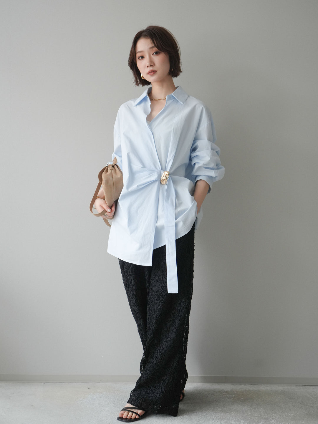 [SET]メタルパーツドレープシャツ+シアーコードレースイージーパンツ(2set)