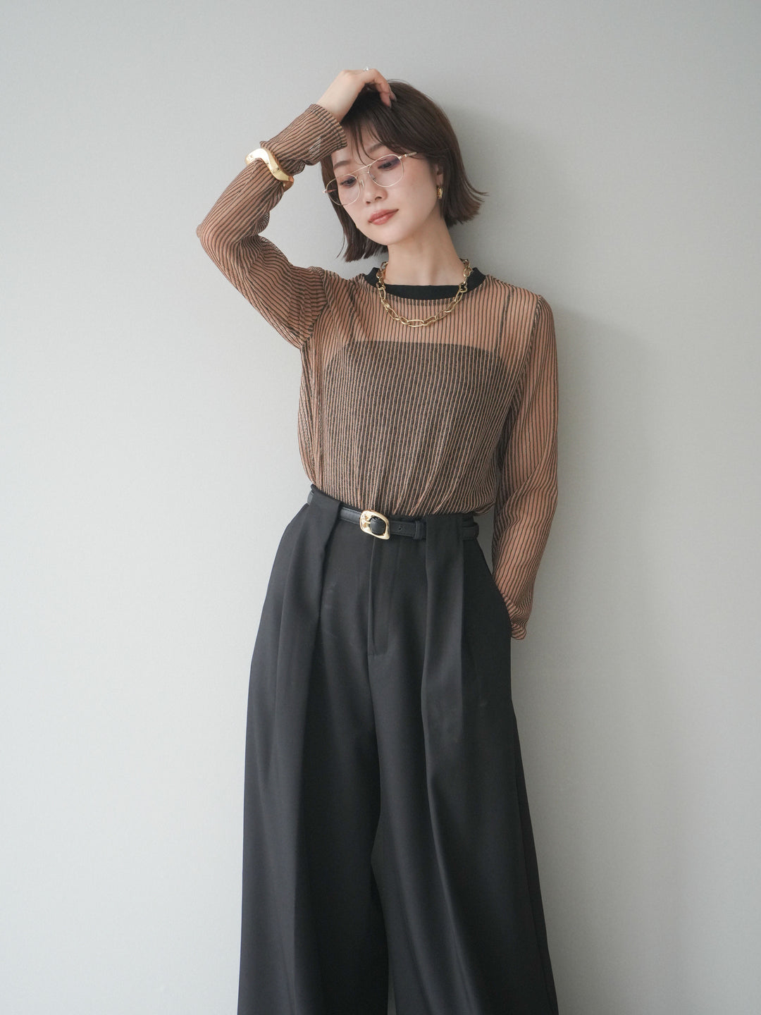 [SET]シアーストライプメッシュトップス+ドレープタックベルトループパンツ(2set)
