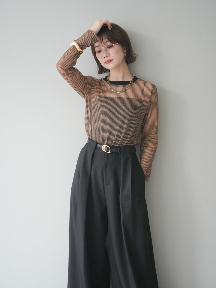 [SET]シアーストライプメッシュトップス+ドレープタックベルトループパンツ(2set)