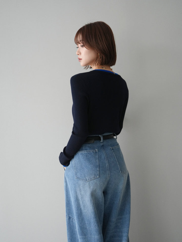 [SET]バイカラーキーネックリブニットトップス+ハイウエストベルトループデザインデニムパンツ(2set)
