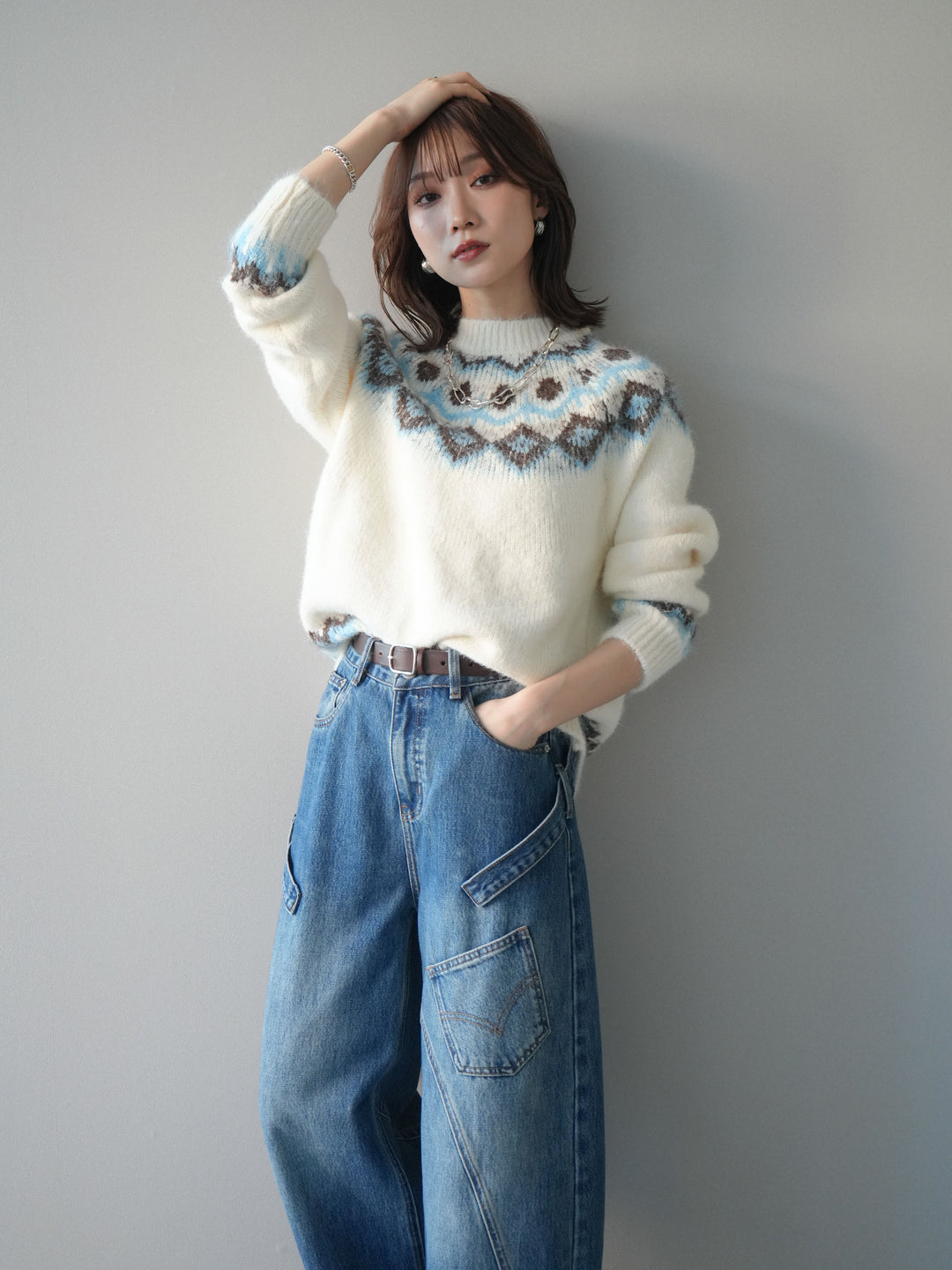 [SET]ソフトタッチ求心柄ニットプルオーバー+ペインターカーブデニムパンツ(2set)