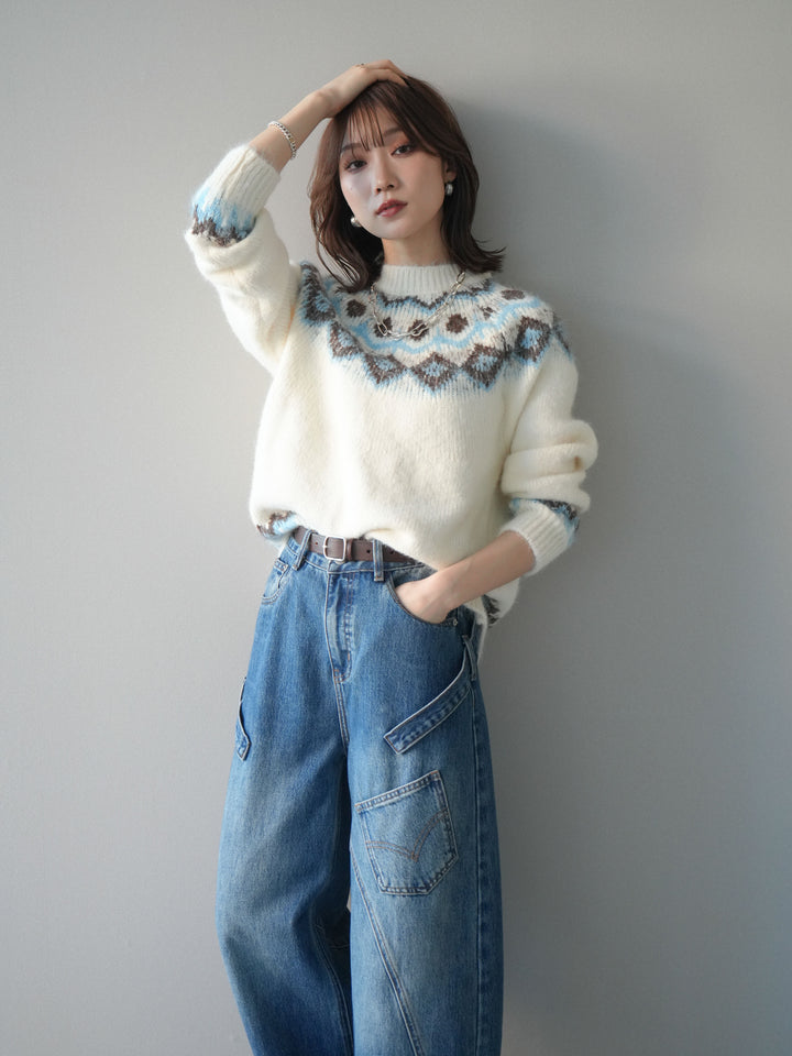 [SET]ソフトタッチ求心柄ニットプルオーバー+ペインターカーブデニムパンツ(2set)