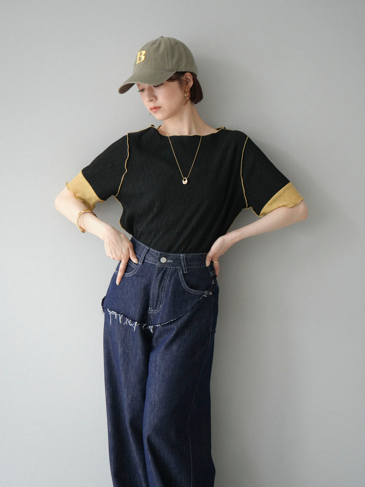 [SET] 百褶同色船領套頭衫 + 臀部設計牛仔褲（2 件組）