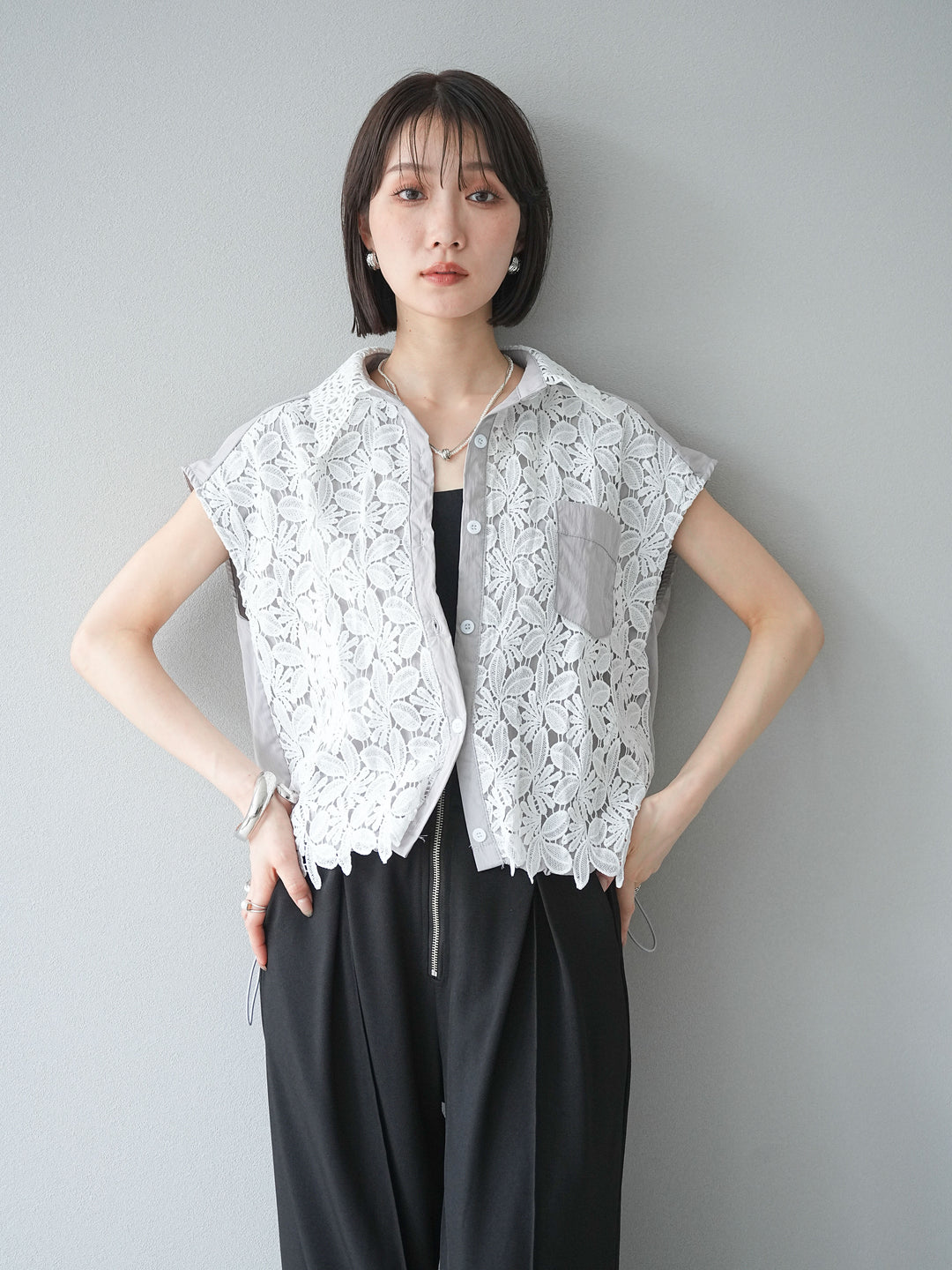 [予約]レースレイヤードドロストシャツ/グレー