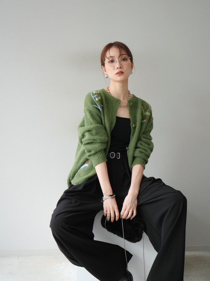 [SET]フラワー刺繍ニットカーディガン+ベルト付タックワイドパンツ(2set)