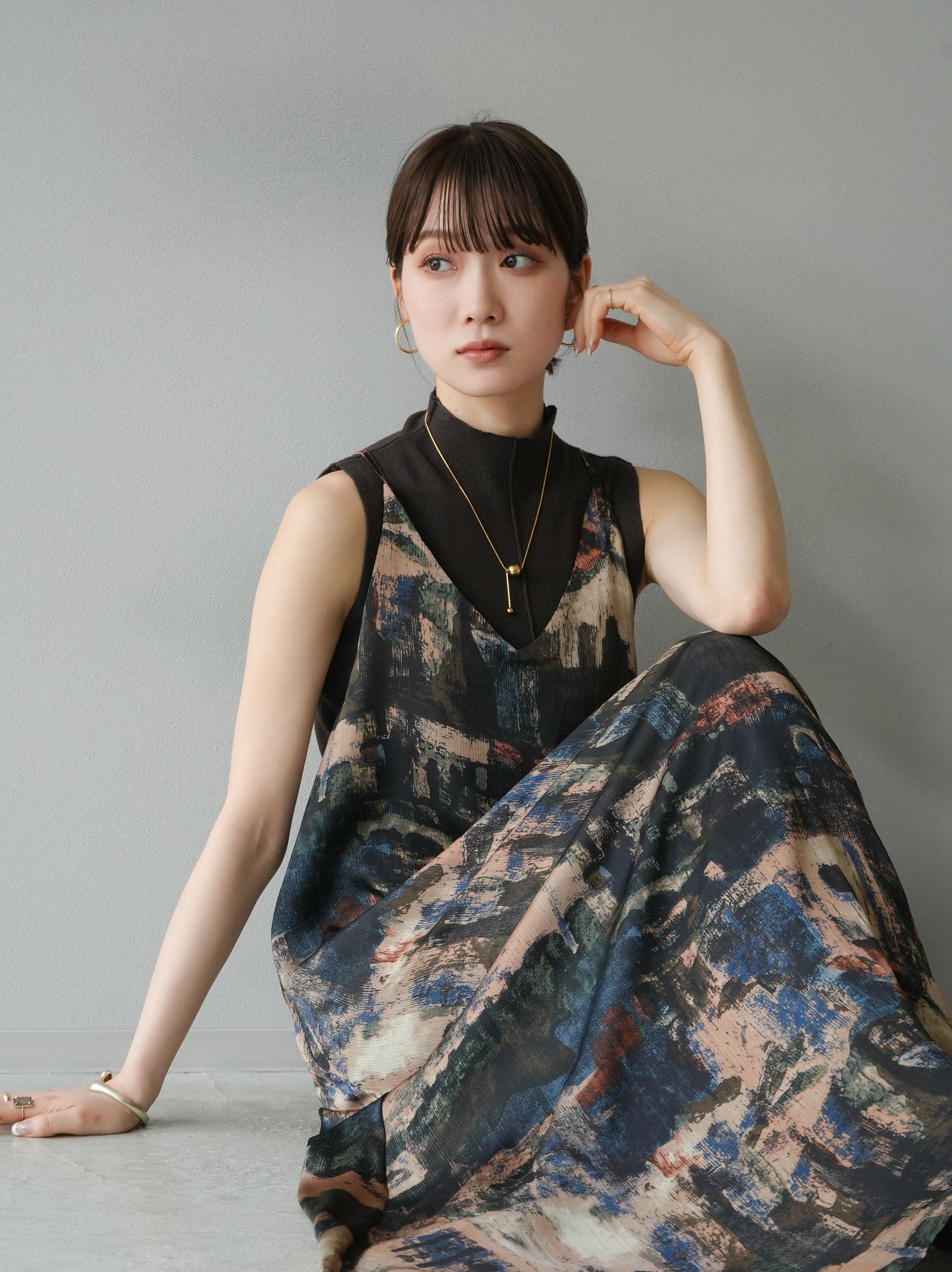 SET]ニュアンス柄バッククロスキャミワンピース+プチネック