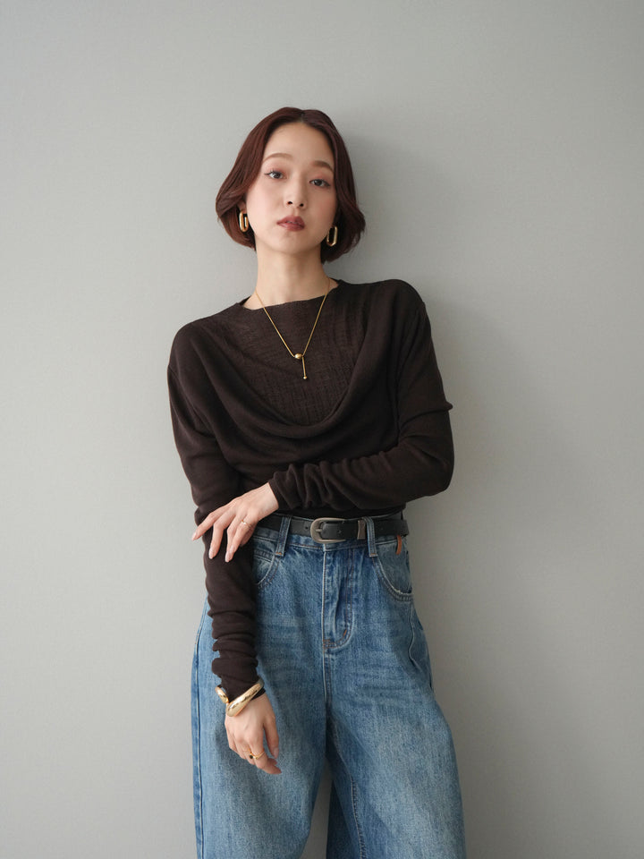 [予約]ボトルネックドレープレイヤードニットトップス/brown
