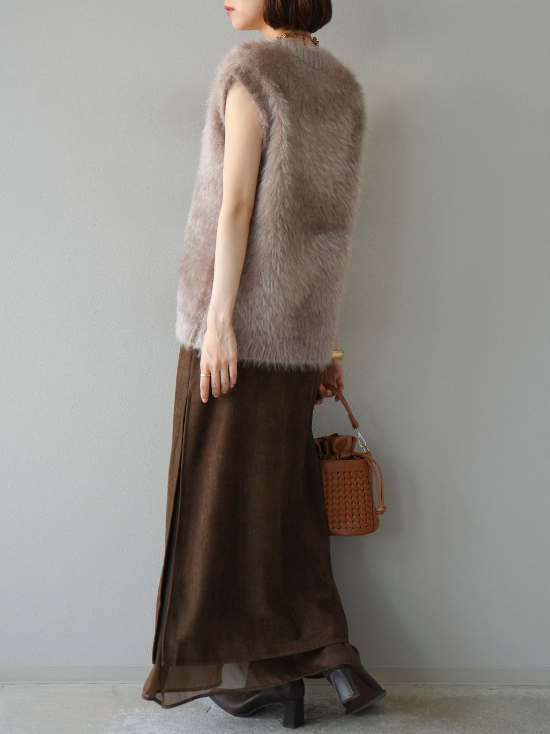 [予約]サイドスリットスウェードドッキングシフォンスカート/ブラウン