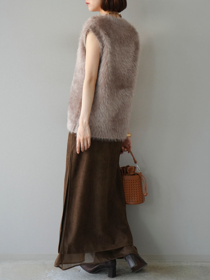 [予約]サイドスリットスウェードドッキングシフォンスカート/ブラウン