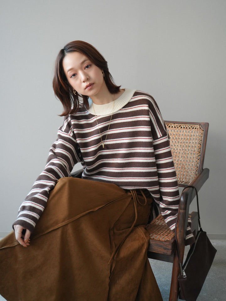 [予約]モックネックボーダーニットプルオーバー/brown