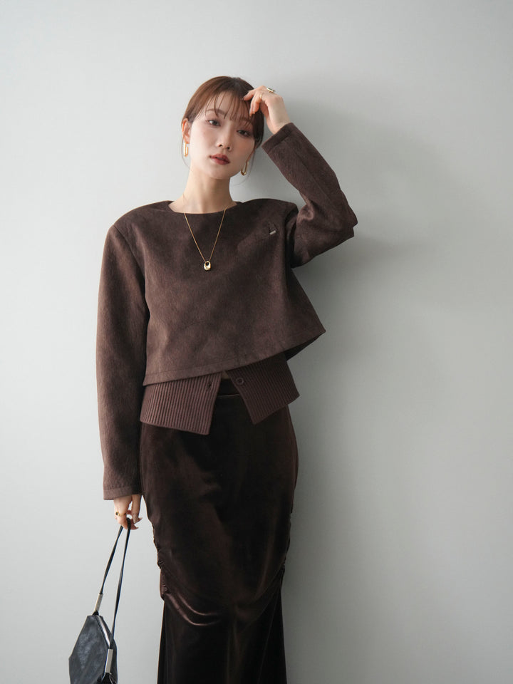 [予約]リブニットレイヤードスエードプルオーバー/brown
