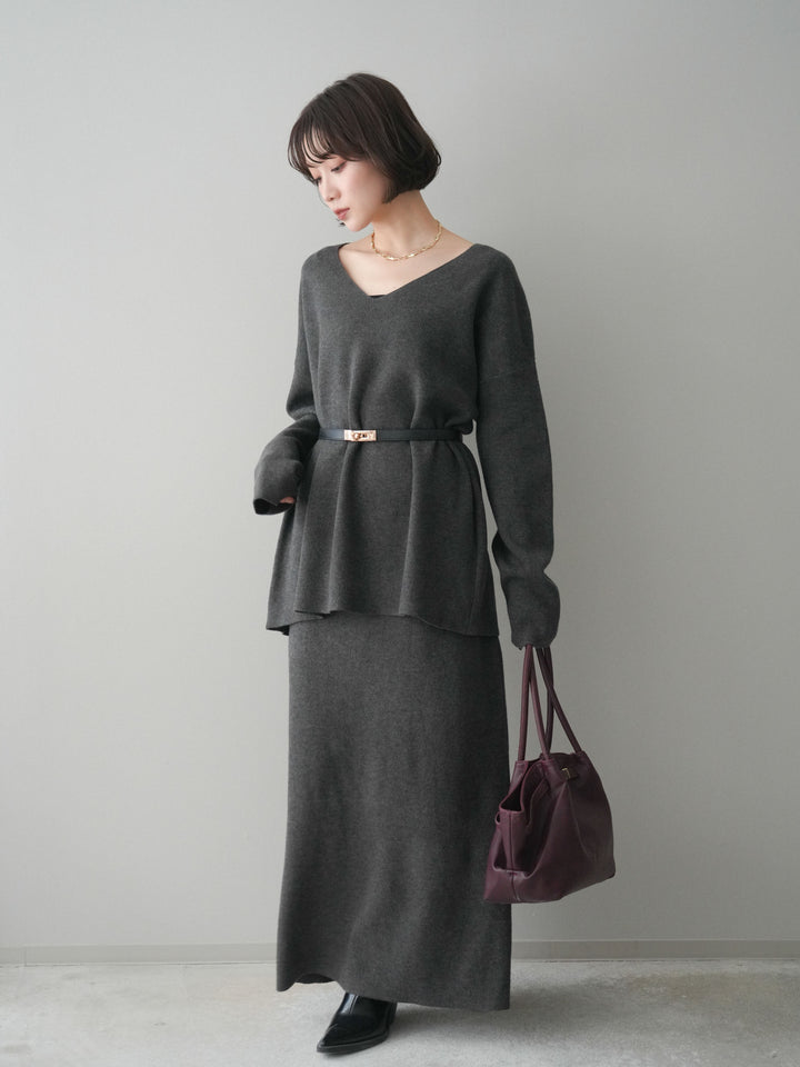 [SET]ベルト付Vネックニット＆スカートSET UP+選べるアクセセット(2set)