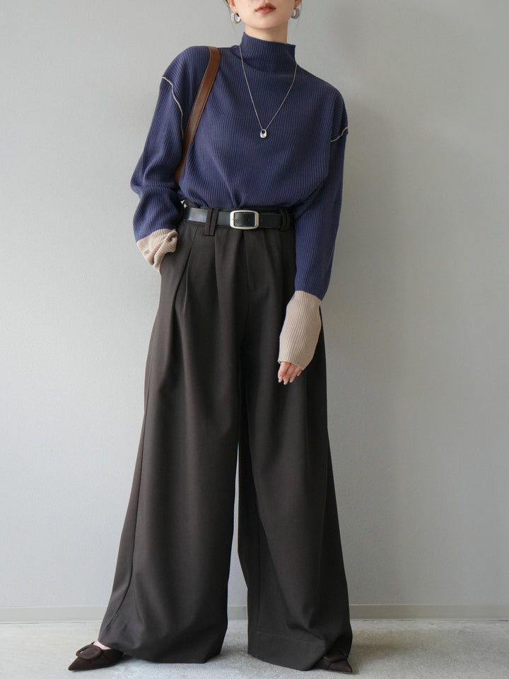 [予約]ボトルネック配色リブニットプルオーバー/アイアンブルー×ベージュ