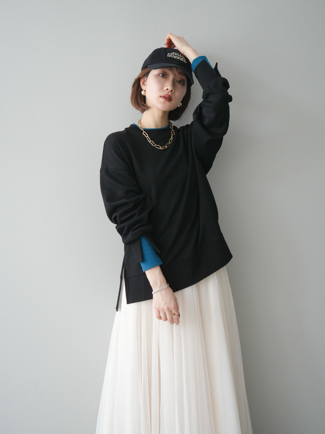 [予約]配色レイヤードデザインスエットプルオーバー/black