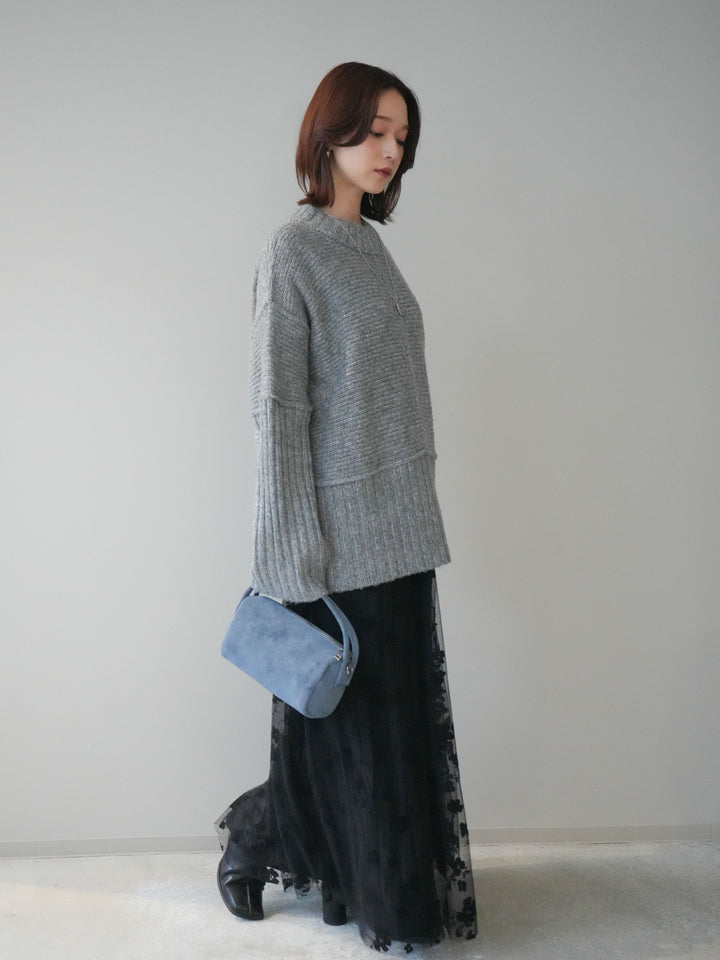[SET]編み地切替ボトルネックニットプルオーバー+フラワーフロッキーチュールプリーツスカート(2set)