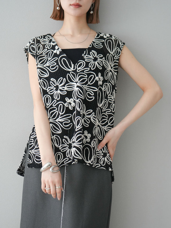 [予約]メッシュコード刺繍ベスト/ブラック