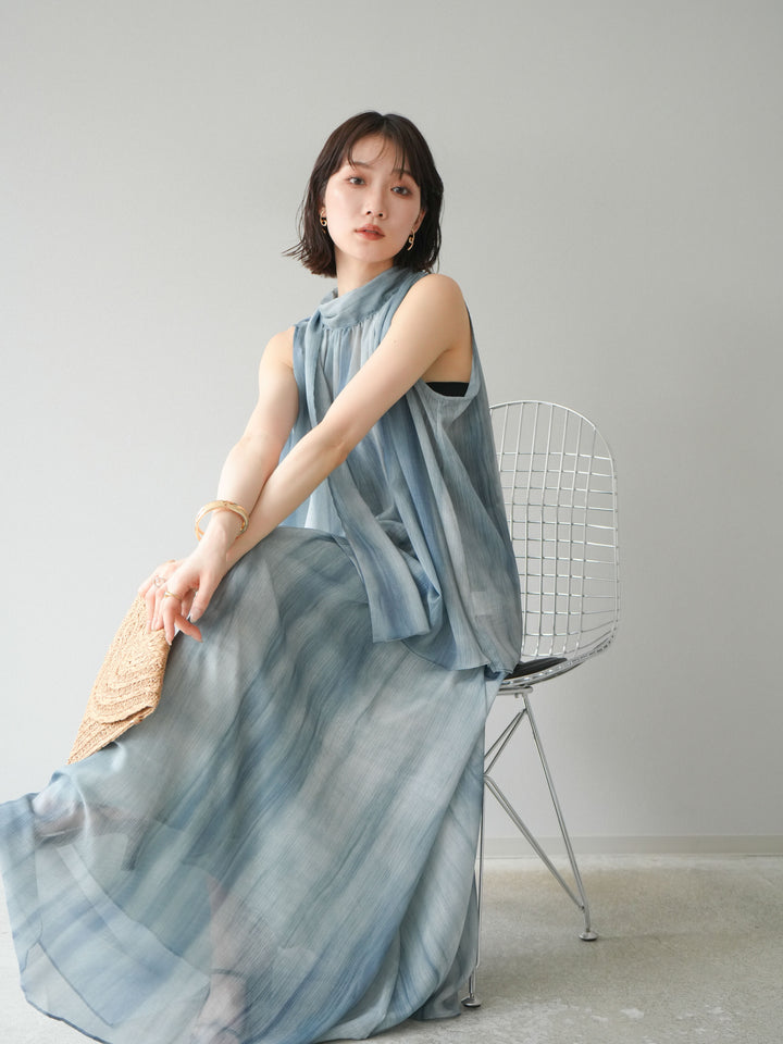 [SET]ニュアンスシアーホルターネックブラウス+ニュアンスシアーフレアスカート(2set)