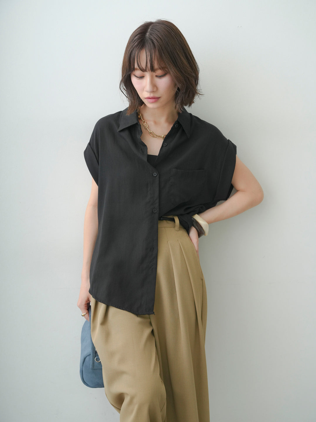 [SET]バックレースフレンチシャツ+クレープデシンタックワイドパンツ(2set)