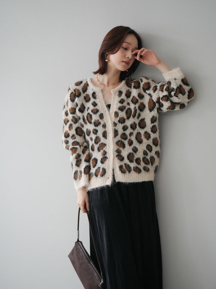 [SET]モヘアタッチレオパード柄ニットカーディガン+ワッシャーベロアプリーツスカート(2set)
