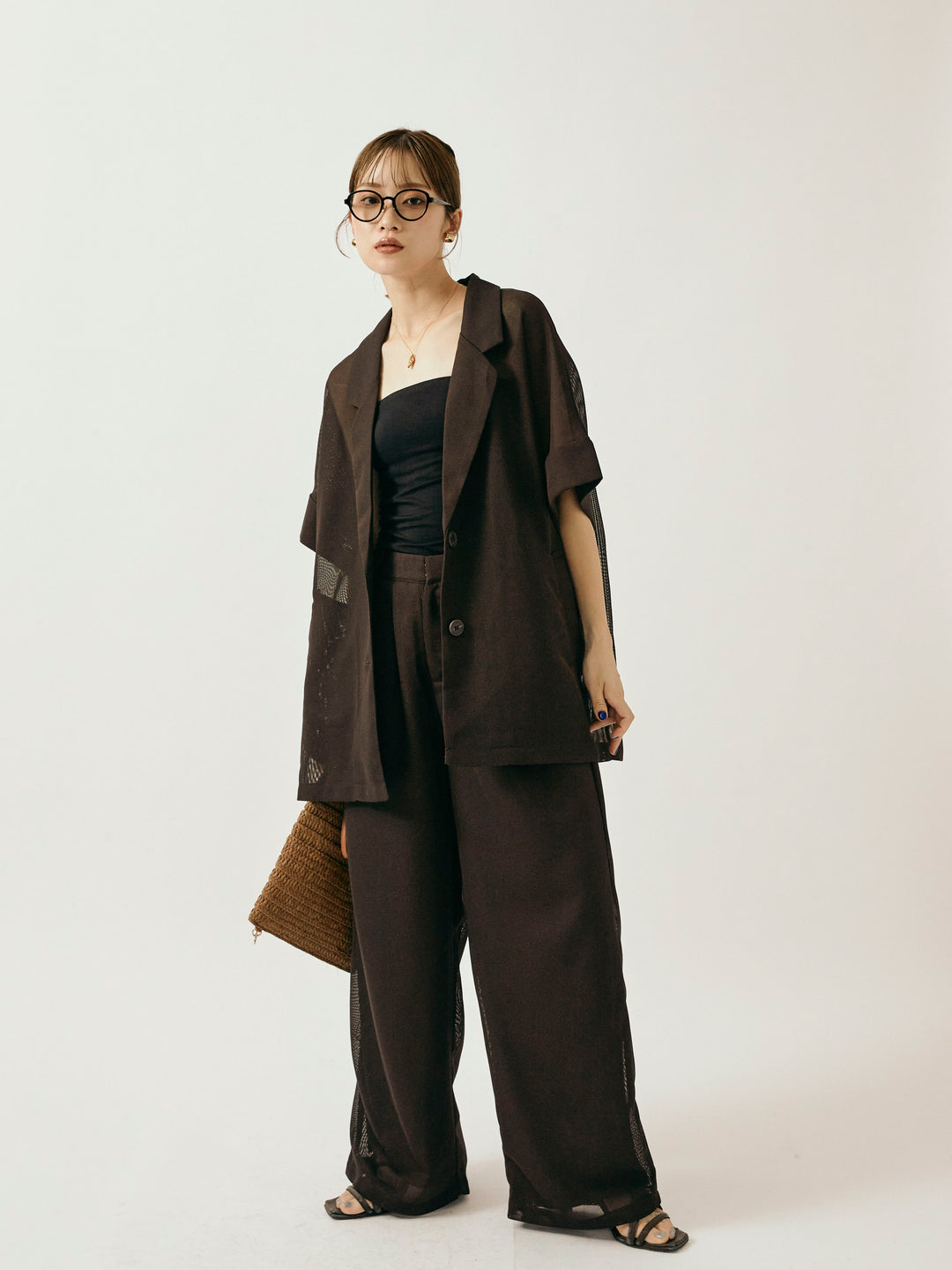 [予約]メッシュタックワイドパンツ/ブラウン